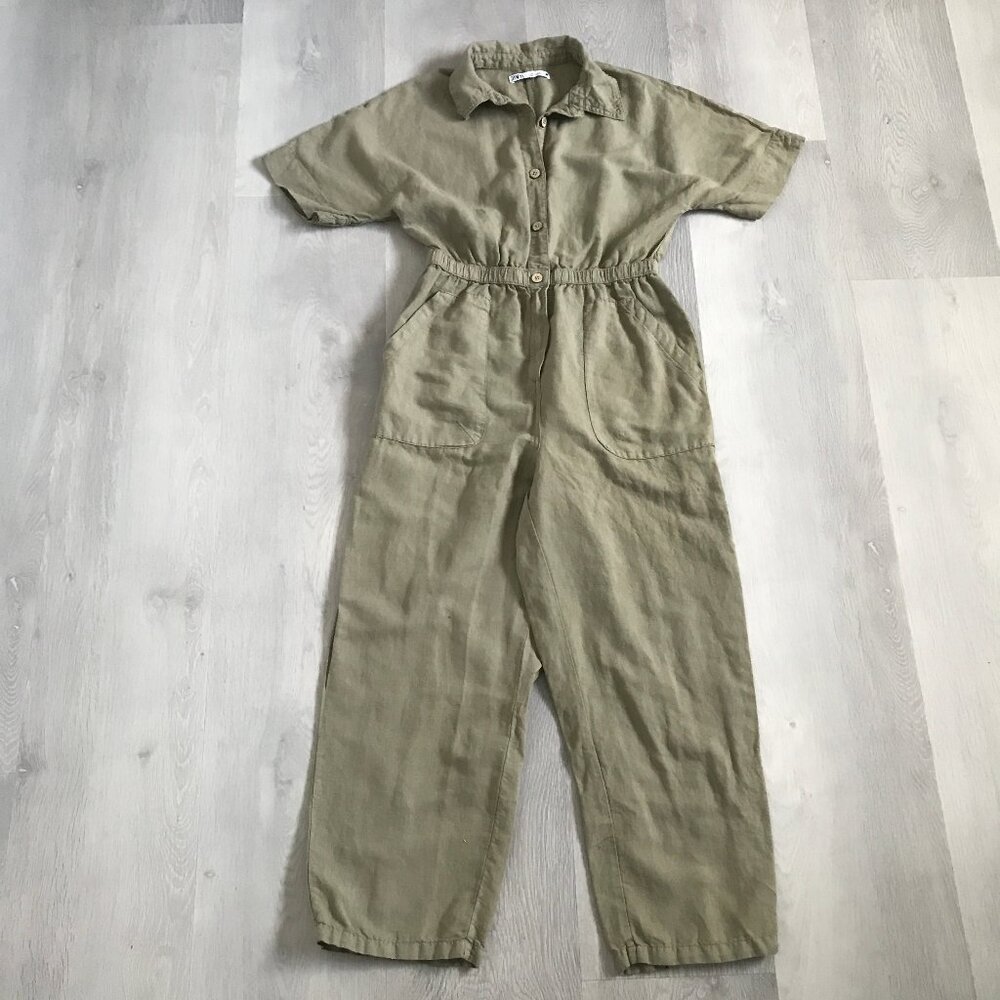 ZARA WOMENS JUMPSUIT GREEN LINEN SHORT SLEEVE WIDE LEG CASUAL SMALL